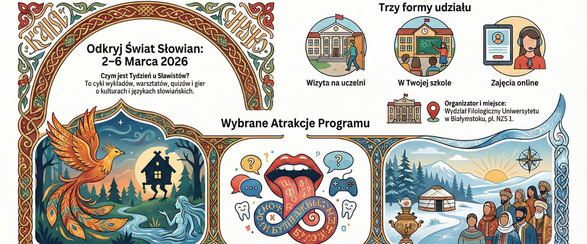 grafika promująca nowy kierunek Slawinisyka na Wydziale Filologicznym