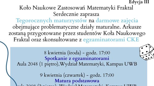 Matematycy z UwB zapraszają maturzystów na „Matematyczne Pogotowie Maturalne – zadania na tacy. Edycja III”