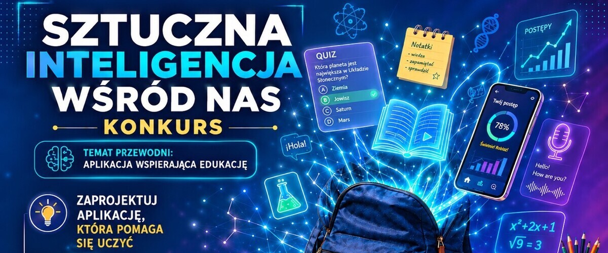 grafika informująca o konkursie na stworzenie aplikacji wspierającej edukację